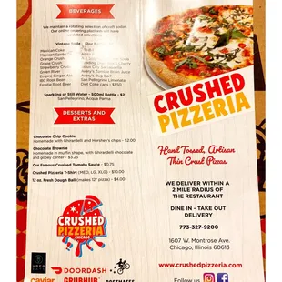 Menu @ Crushed Pizzeria.1607 W Montrose Ave, Chicago, IL Simply Hand Tossed Artesian Thin Crust Pizzas &amp; Salads! Nice Quick Service. Cool!