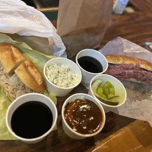 Sandwiches with macaroni salad and mashed potatoes sides...