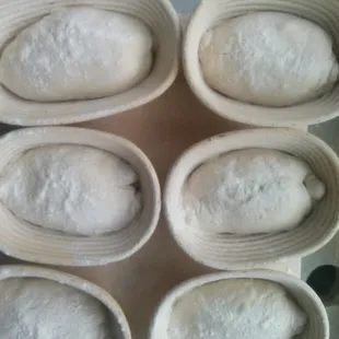 White sourdough loave in banetons, proofing