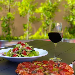 Greek Salad, Create your own pizza, Chop Shop Cabernet.