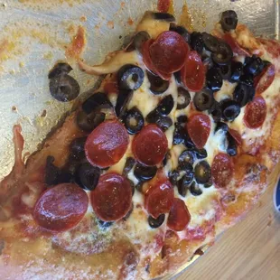 Pepperoni and black olive pizza.