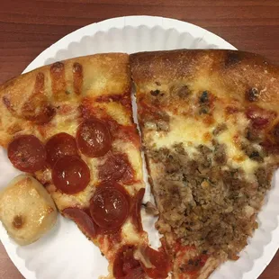 Garlic knot, slice with pepperoni, slice with sweet sausage.