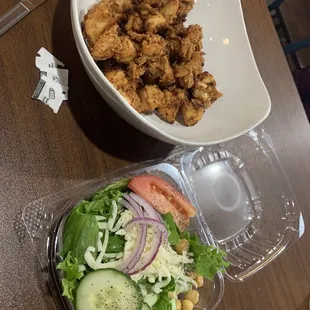 Side salad, creamy Parmesan and the very best crispy chicken one can find!