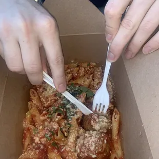 penne pasta with homemade meatballs