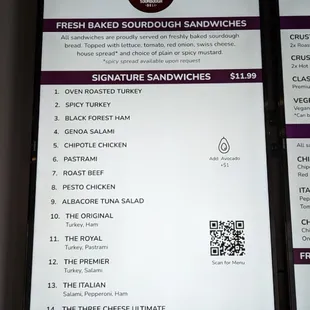 CRUST Signature Sandwich Menu