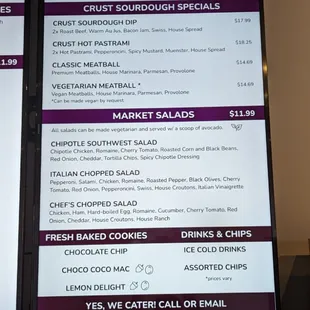 CRUST specials, salad and cookie menu