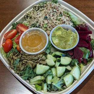 Quinoa Super Greens Salad (Vegan) - Quinoa, Avo, Beets, Edamame, Pumpkin Seeds, Garbanzo, Kale, Romaine, Cherry Tomatoes, Cucumber, Italian