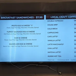 Breakfast sandwich and coffee menu