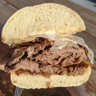 Do the Roast Beef dip! 2X the roast beef, bacon jam, warm au jus, swiss