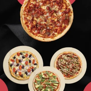three different pizzas on plates