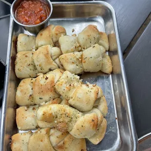 Garlic knots (minus one due to speedy, excited, hungry hands)