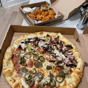 Large cheese stuffed pizza and boneless wings