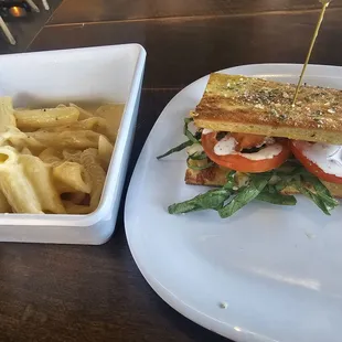 Chicken club Flatbread sandwich and mac n cheese