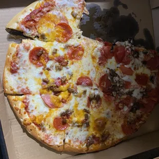 Greasy pizza with tomato topping and very little meat