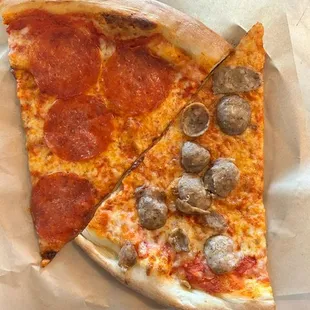 One slice pepperoni, one slice sausage