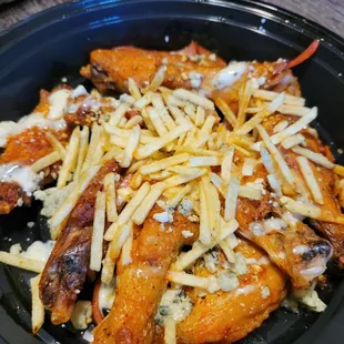 Upstate NY Wings (Buffalo sauce, bleu cheese crumbles, pickled red onions, potato sticks, ranch), $14.30