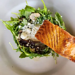 grilled salmon on a bed of greens