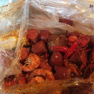 Crawfish, Shrimp and Extra Sausage in House Magic Dust Entry spice