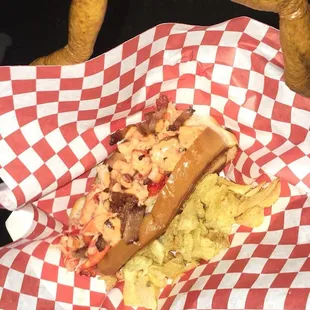 a hot dog in a basket