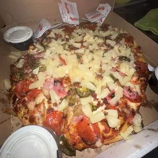 Delicious large meat lovers pizza with pineapple :)