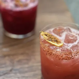 Margaritas! Hibiscus in the background, strawberry in the foreground
