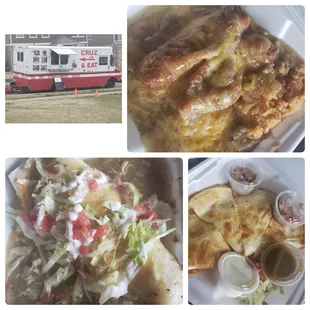 a food truck and a plate of food