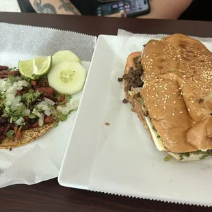 Al pastor taco on a homemade tortilla and the best torta I've had.