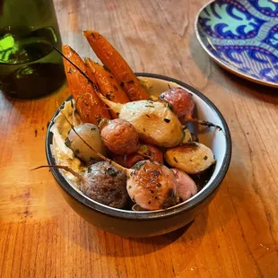 Roasted carrots &amp; radishes with a French onion dip