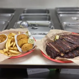 Full Rack of Pork Spareribs with Dr P BBQ Bean, Green Chile Cornbread and Fries