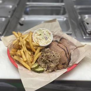 Two Meat Plate - Brisket and Pulled Pork with Alabama White Coleslaw and Fries