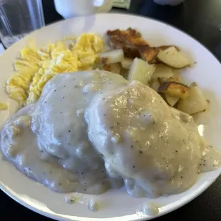 Biscuits &amp; Country Gravy with eggs, sausage patty and home fries - very bland