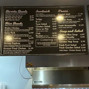 Burrito Bowls, Rice Bowls, Sandwiches, Paninis, and Soup and Salad menu