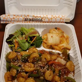 Shrimp Dupbop with salad and kimchi