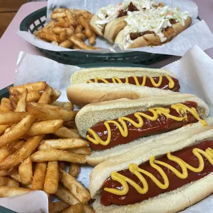 3 HotDogs w/ Ketchup, Mustard &amp; Double Order of Fry&apos;s &amp; 2 HotDogs w/ Sauce and Slaw.