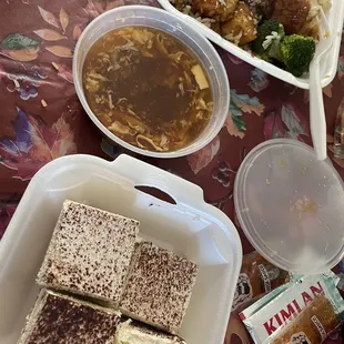Sesame tofu with rice, hot and sour soup, and tiramisu cake