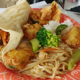 Chicken lo mein, moo shoo pork, crab cheese wonton and salt &apos;n pepper shrimp. All very good!