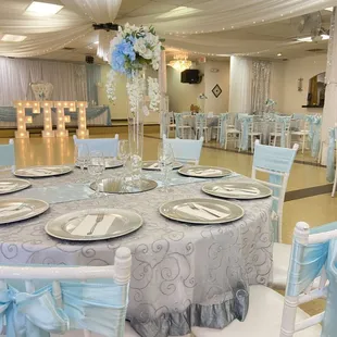 Baby Blue and Silver Quinceañera Decoration at Crystal Reception Hall.