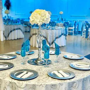 Turquoise blue and silver wedding decoration at Crystal Reception Hall.