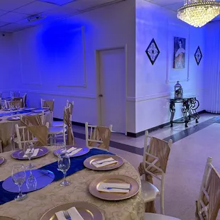 Champagne and Royal Blue Quinceañera Decoration at Crystal Reception Hall.