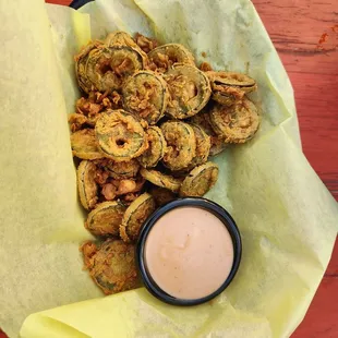 These are beer battered Jalapeno bottle caps. So delicious! Came with barbecue ranch which was a little sweet and creamy.