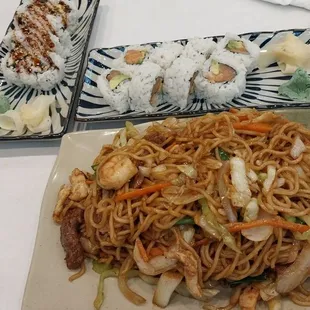 House Chow mein, eel rolls and spicy salmon rolls