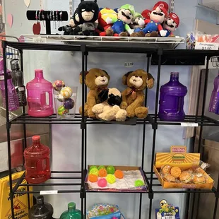 a shelf of toys