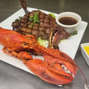 Rib Eye Steak with a Whole Lobster