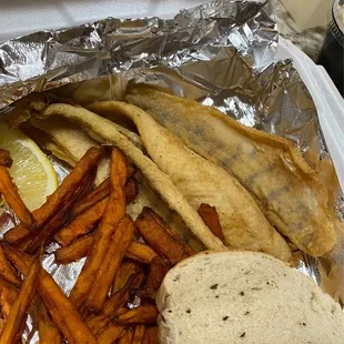 Perch and sweet potato fries