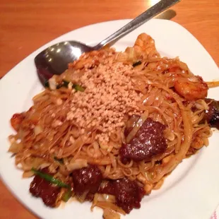 a plate of noodles and meat
