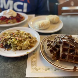 French toast, hash browns, Cinnamom toast waffles