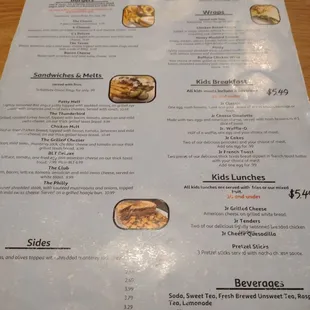 Lunch Menu, Kids meals and drinks.