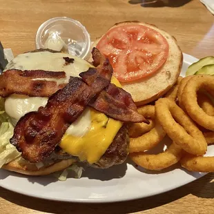 C's Deluxe Burger and onion rings
