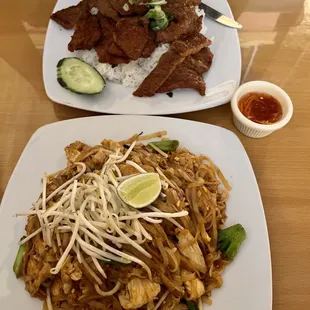 grilled pork and rice, chicken pad thai