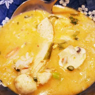 Tom Kah soup w/ lots of chicken, mild. I put some rice in it. So comforting and delicious.